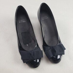 Stuart Weitzman Patent Leather Bow Pump Womens 7 Black Slip On Wedge Heel Spain